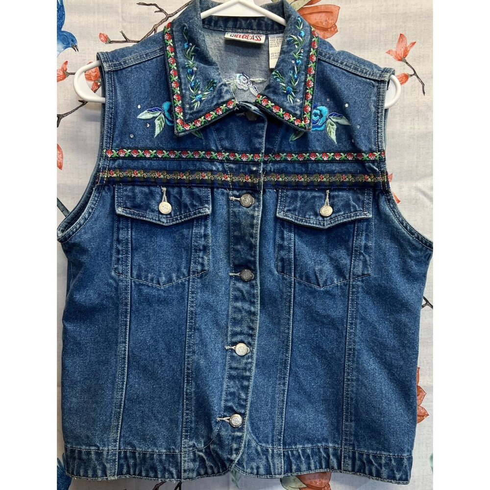 Vintage Embroidered Denim Vest Womens Petite With Floral Accents 100% Cotton